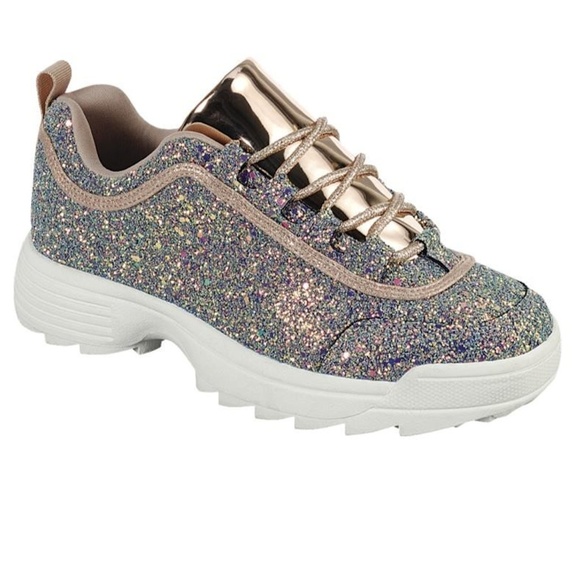 NEW MULTI GLITTER ROSE GOLD METALLIC SNEAKERS SHOE - Picture 2 of 8
